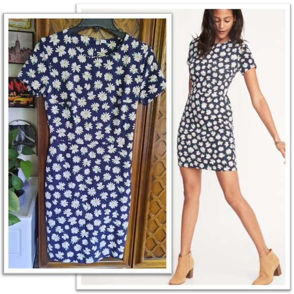 Old Navy Dresses & Skirts - Old Navy Printed Ponte-Knit Sheath Dress - Navy Daisy Print, Size XS